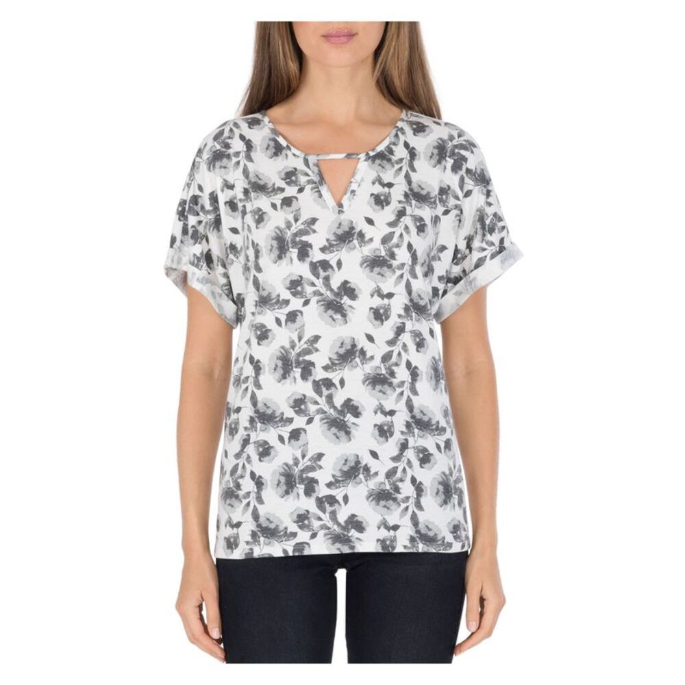B COLLECTION Womens Gray Stretch Floral Keyhole Top S